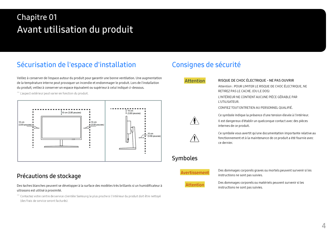 Samsung LS25HG50FQUXEN manual Avant utilisation du produit, Sécurisation de lespace dinstallation, Consignes de sécurité 