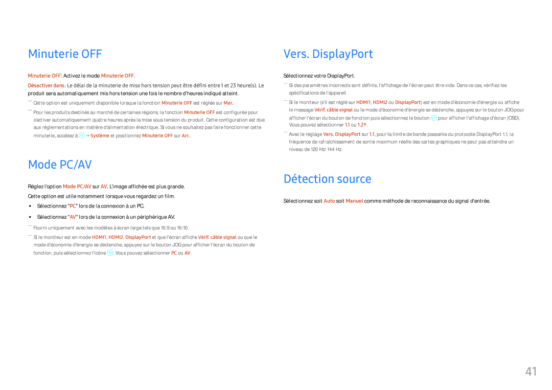 Samsung LS25HG50FQUXEN Minuterie OFF, Mode PC/AV, Vers. DisplayPort, Détection source, Sélectionnez votre DisplayPort 