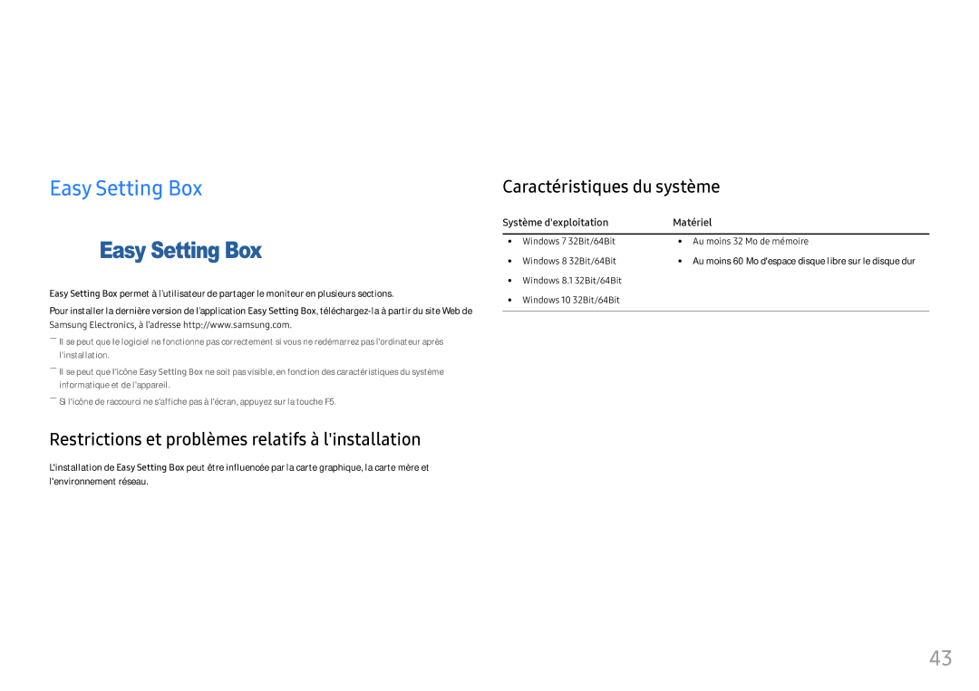 Samsung LS25HG50FQUXEN Installation du logiciel, Easy Setting Box, Restrictions et problèmes relatifs à linstallation 