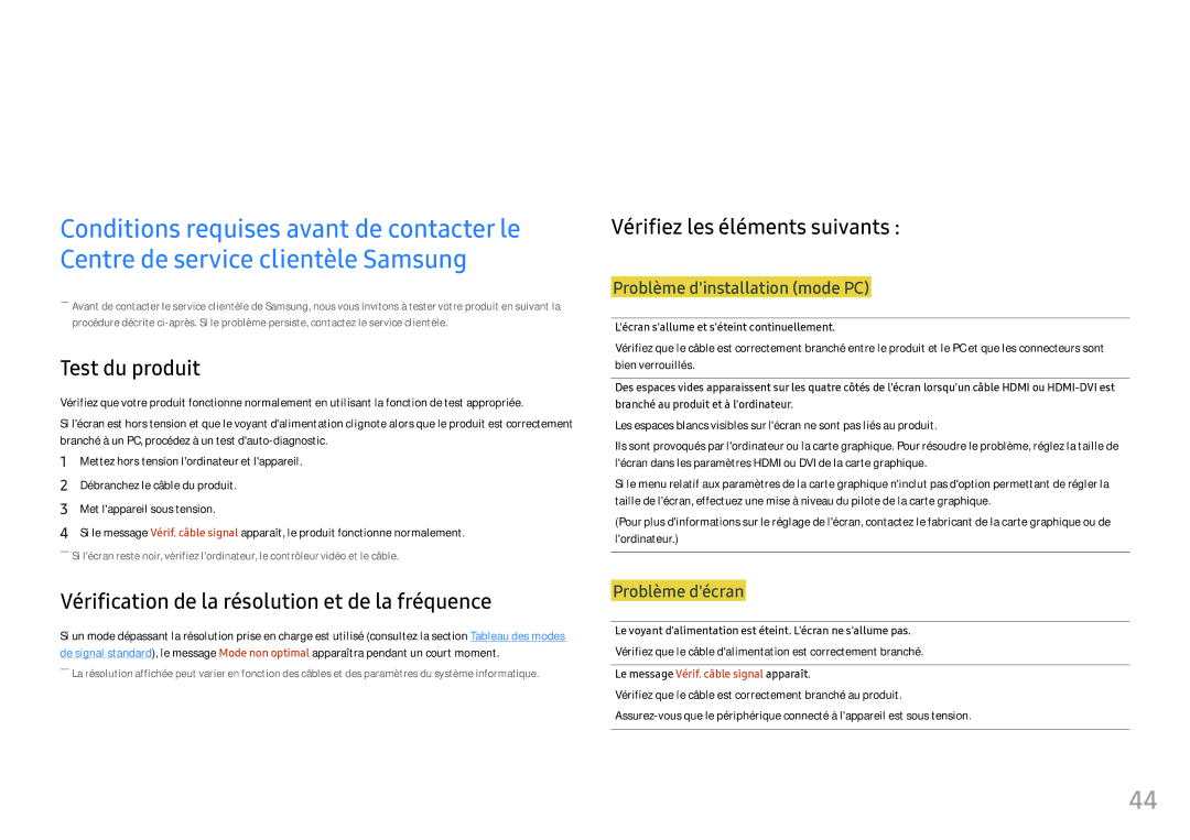 Samsung LS25HG50FQUXEN manual Guide de dépannage, Test du produit, Vérification de la résolution et de la fréquence 