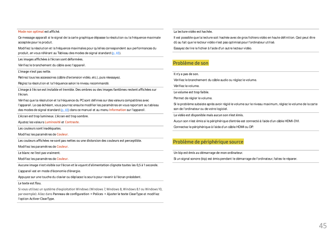 Samsung LS25HG50FQUXEN manual Vérifiez le branchement du câble avec lappareil, Ajustez les valeurs Luminosité et Contraste 