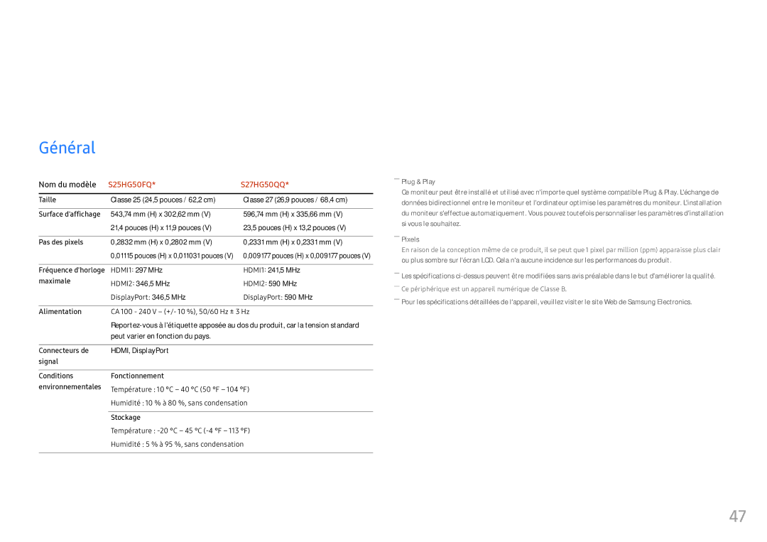 Samsung LS25HG50FQUXEN manual Caractéristiques techniques, Général 