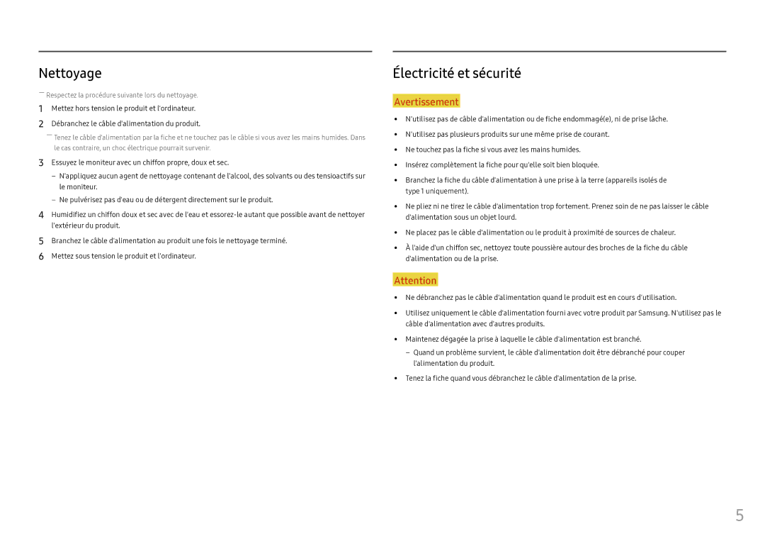 Samsung LS25HG50FQUXEN manual Nettoyage, Électricité et sécurité 