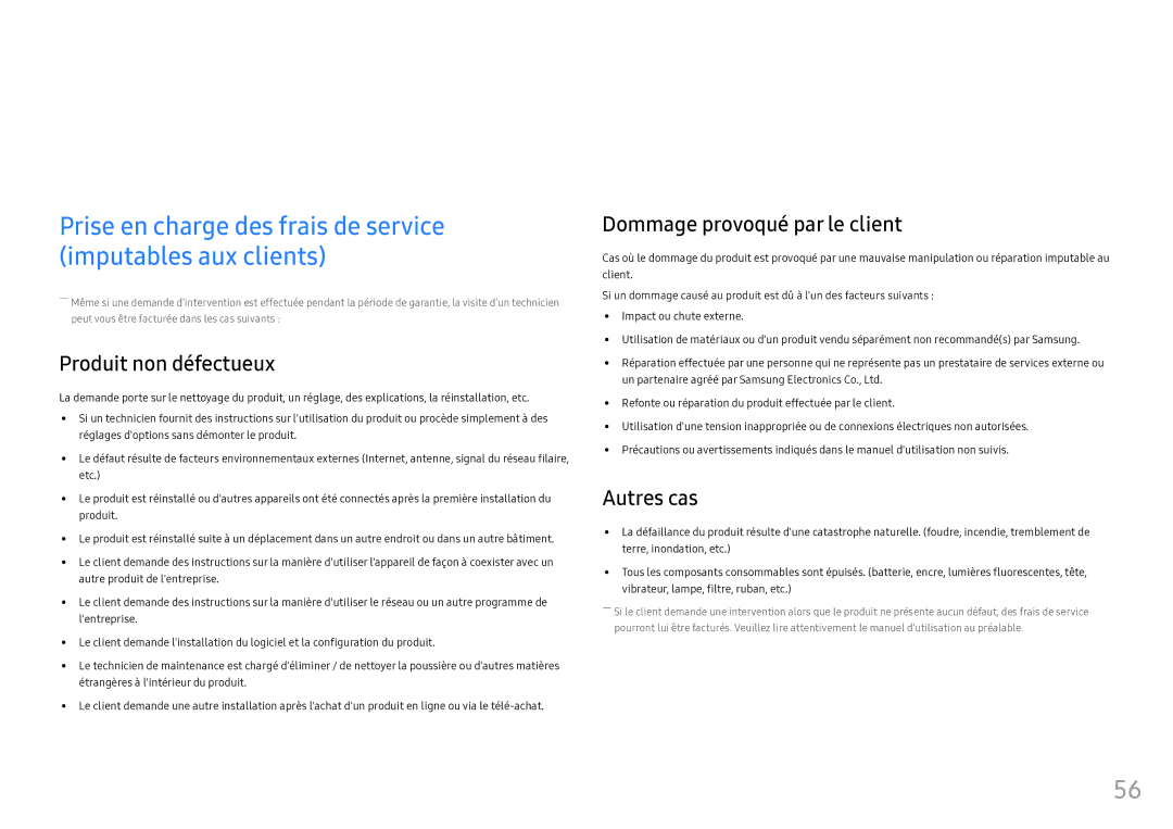 Samsung LS25HG50FQUXEN manual Annexe, Prise en charge des frais de service imputables aux clients, Produit non défectueux 