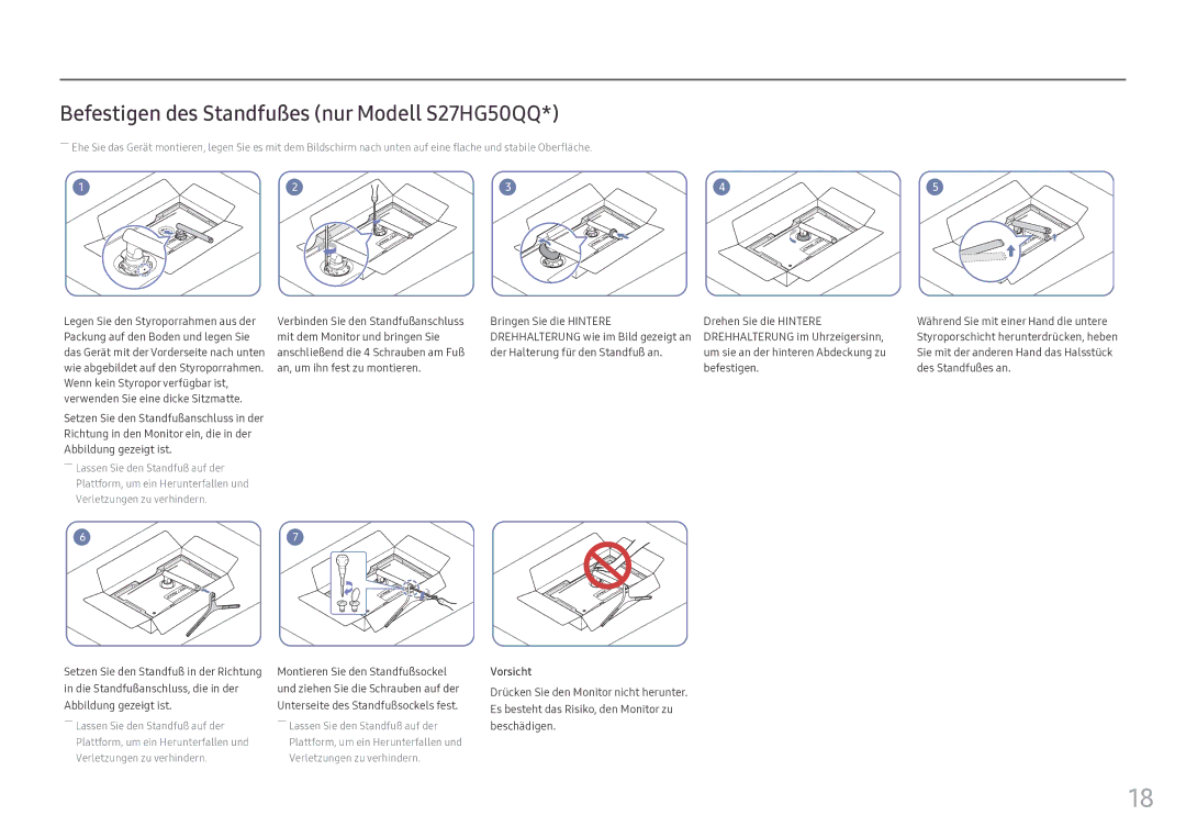 Samsung LS25HG50FQUXEN manual Befestigen des Standfußes nur Modell S27HG50QQ, Abbildung gezeigt ist 