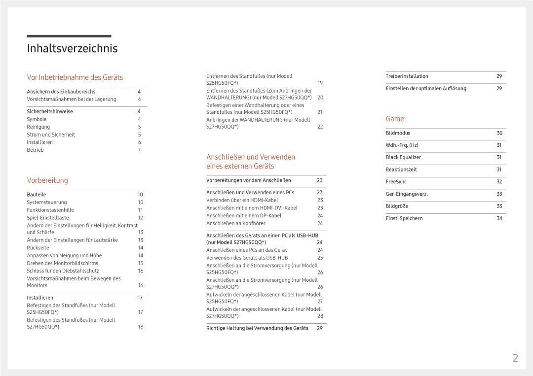 Samsung LS25HG50FQUXEN manual Inhaltsverzeichnis 