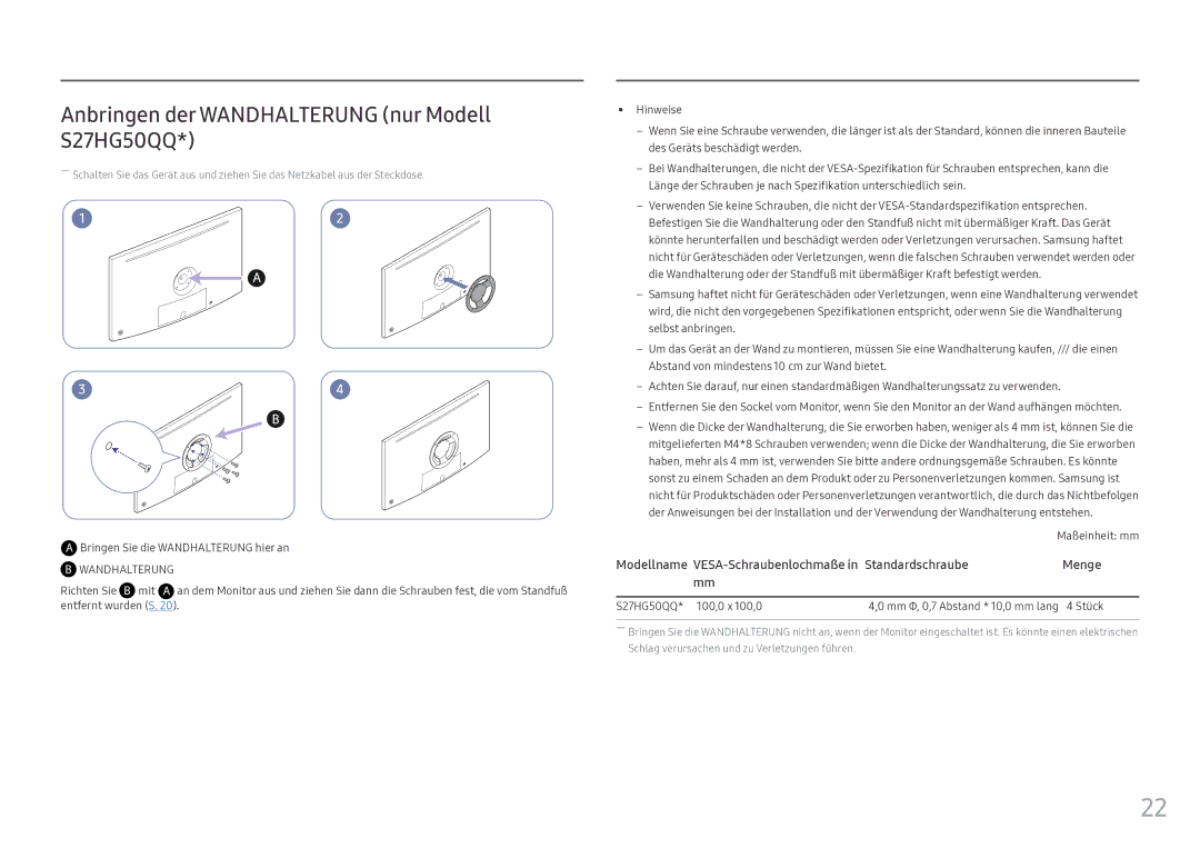 Samsung LS25HG50FQUXEN manual Anbringen der Wandhalterung nur Modell S27HG50QQ, Maßeinheit mm, S27HG50QQ* 100,0 x 100,0 