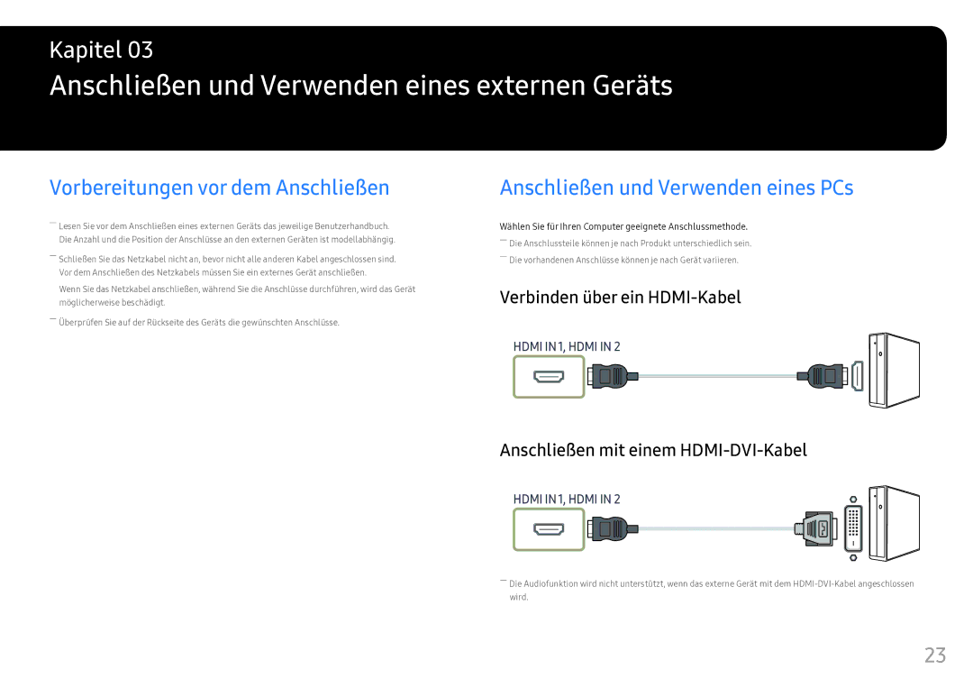 Samsung LS25HG50FQUXEN manual Anschließen und Verwenden eines externen Geräts, Vorbereitungen vor dem Anschließen 