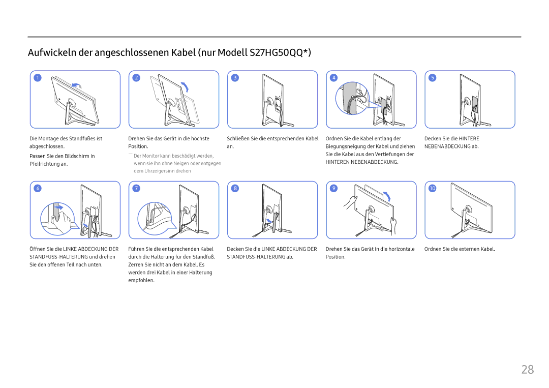 Samsung LS25HG50FQUXEN Aufwickeln der angeschlossenen Kabel nur Modell S27HG50QQ, Sie die Kabel aus den Vertiefungen der 