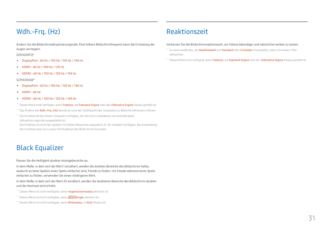 Samsung LS25HG50FQUXEN manual Wdh.-Frq. Hz, Black Equalizer, Reaktionszeit 