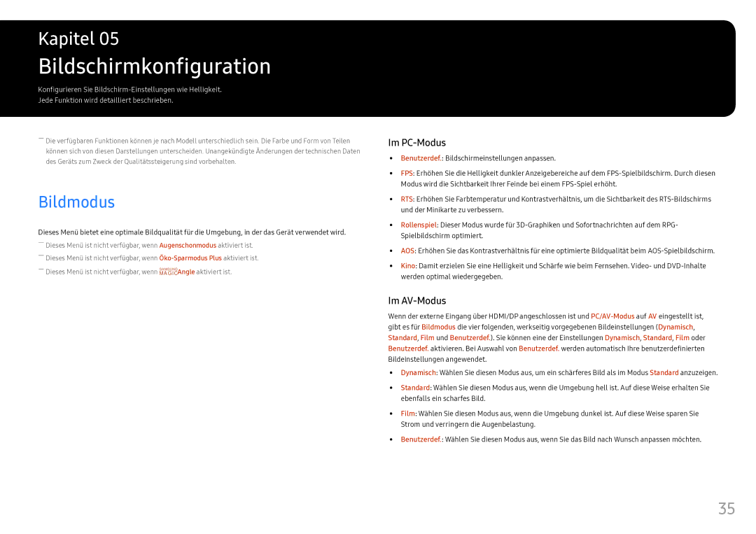 Samsung LS25HG50FQUXEN manual Bildschirmkonfiguration, Bildmodus 