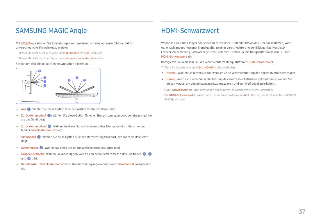 Samsung LS25HG50FQUXEN manual Samsung Magic Angle, HDMI-Schwarzwert, Als das Gerät liegt, Liegt, Und 5 gibt 