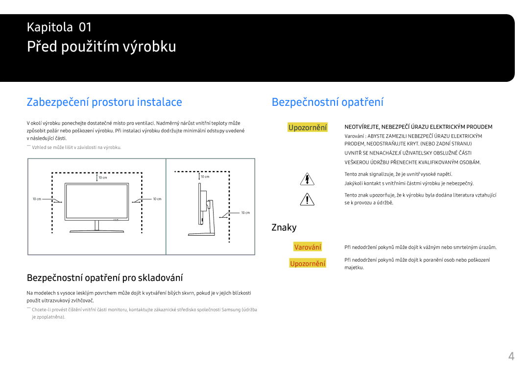 Samsung LS25HG50FQUXEN manual Před použitím výrobku, Zabezpečení prostoru instalace, Bezpečnostní opatření, Znaky 