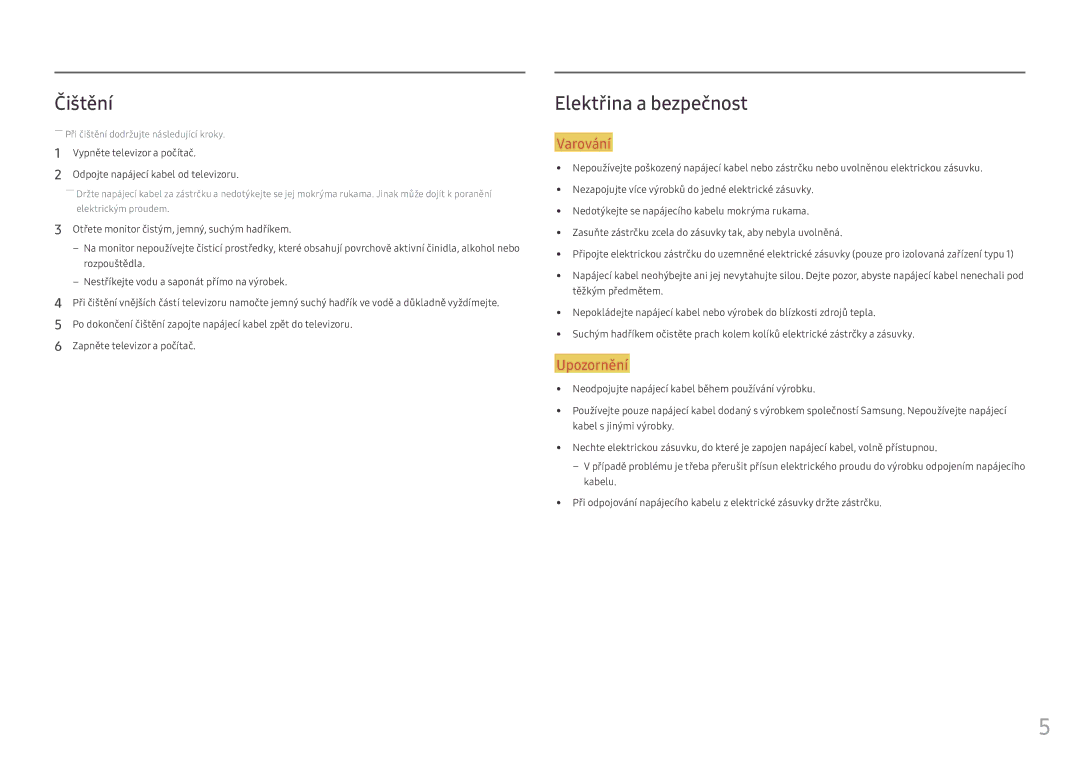 Samsung LS25HG50FQUXEN manual Čištění, Elektřina a bezpečnost 