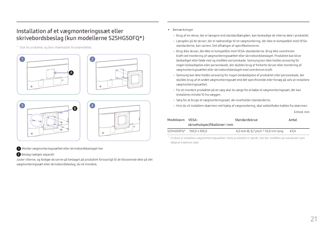 Samsung LS25HG50FQUXEN manual Vesa, S25HG50FQ 100,0 x 100,0 Mm Φ, 0,7 pitch * 10,0 mm lang 