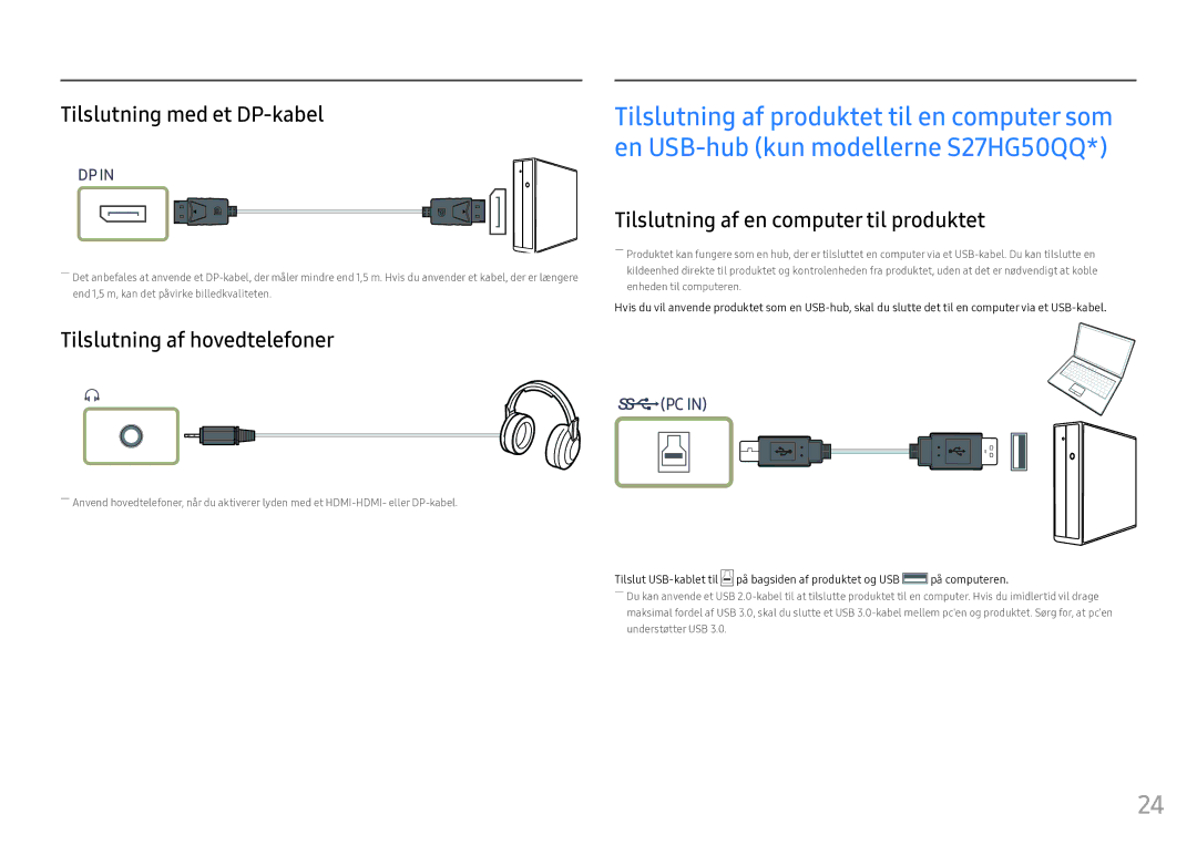 Samsung LS25HG50FQUXEN manual Tilslutning med et DP-kabel, Tilslutning af hovedtelefoner 