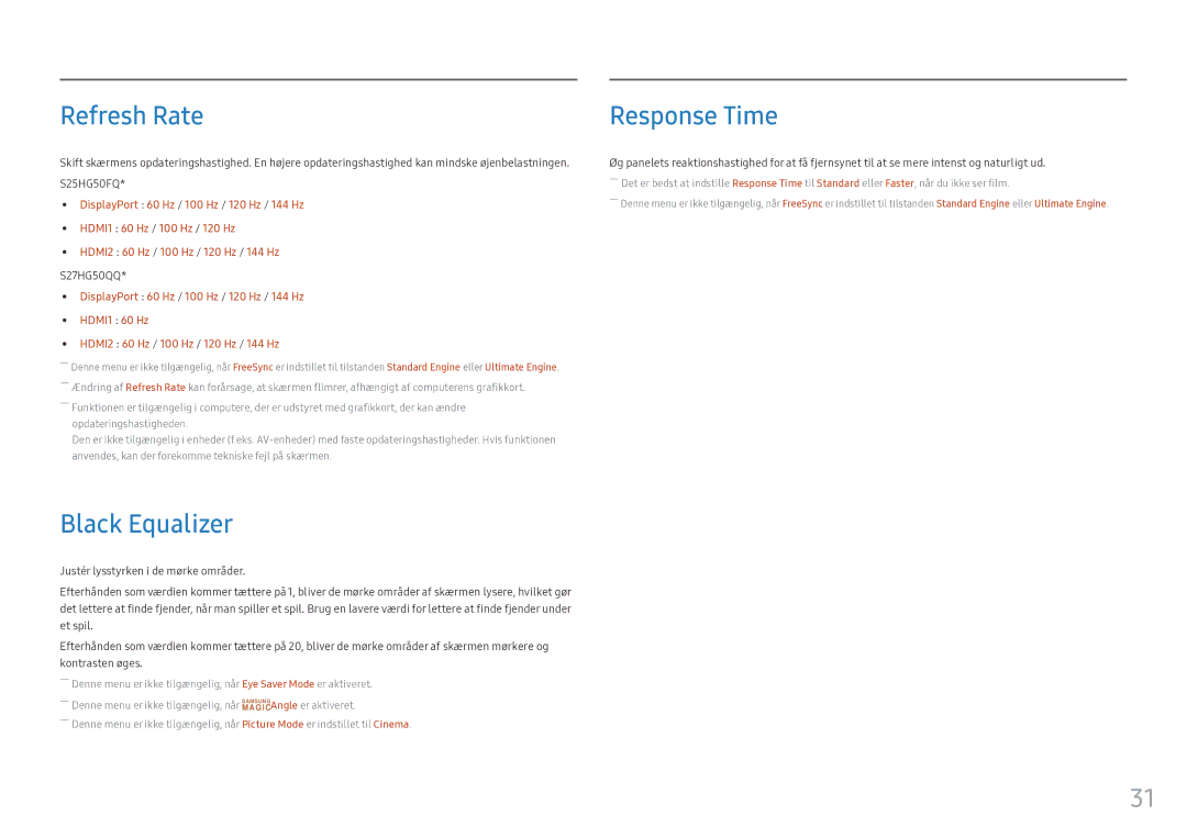 Samsung LS25HG50FQUXEN manual Refresh Rate, Black Equalizer, Response Time 