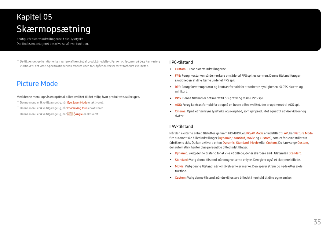 Samsung LS25HG50FQUXEN manual Skærmopsætning, Picture Mode 