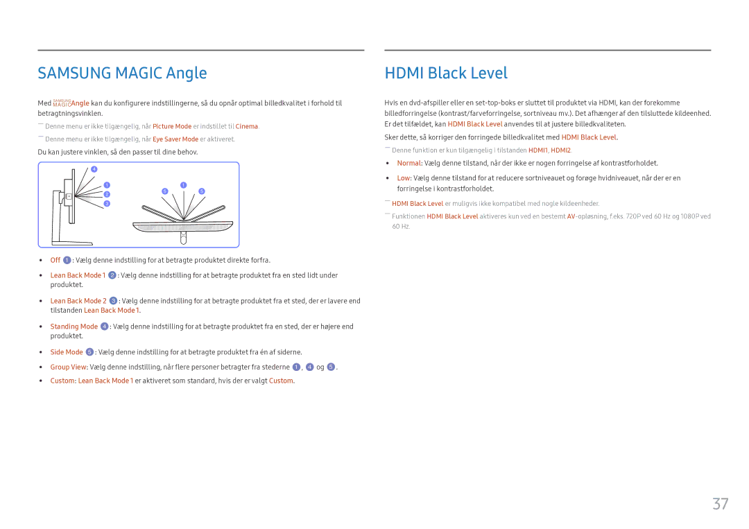 Samsung LS25HG50FQUXEN manual Samsung Magic Angle, Hdmi Black Level, Tilstanden Lean Back Mode 
