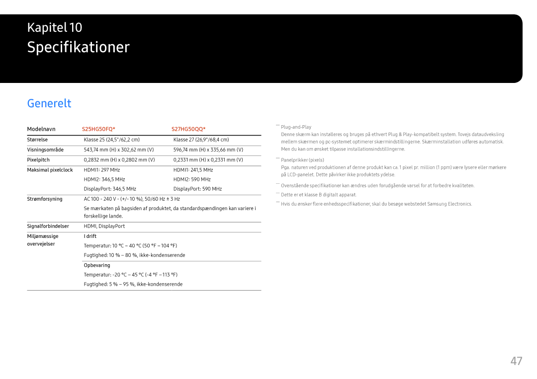 Samsung LS25HG50FQUXEN manual Specifikationer, Generelt 