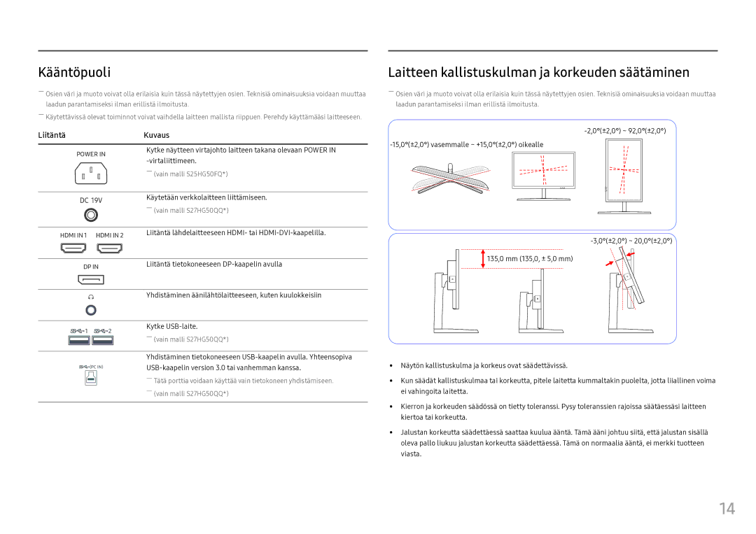 Samsung LS25HG50FQUXEN manual Kääntöpuoli, Laitteen kallistuskulman ja korkeuden säätäminen 