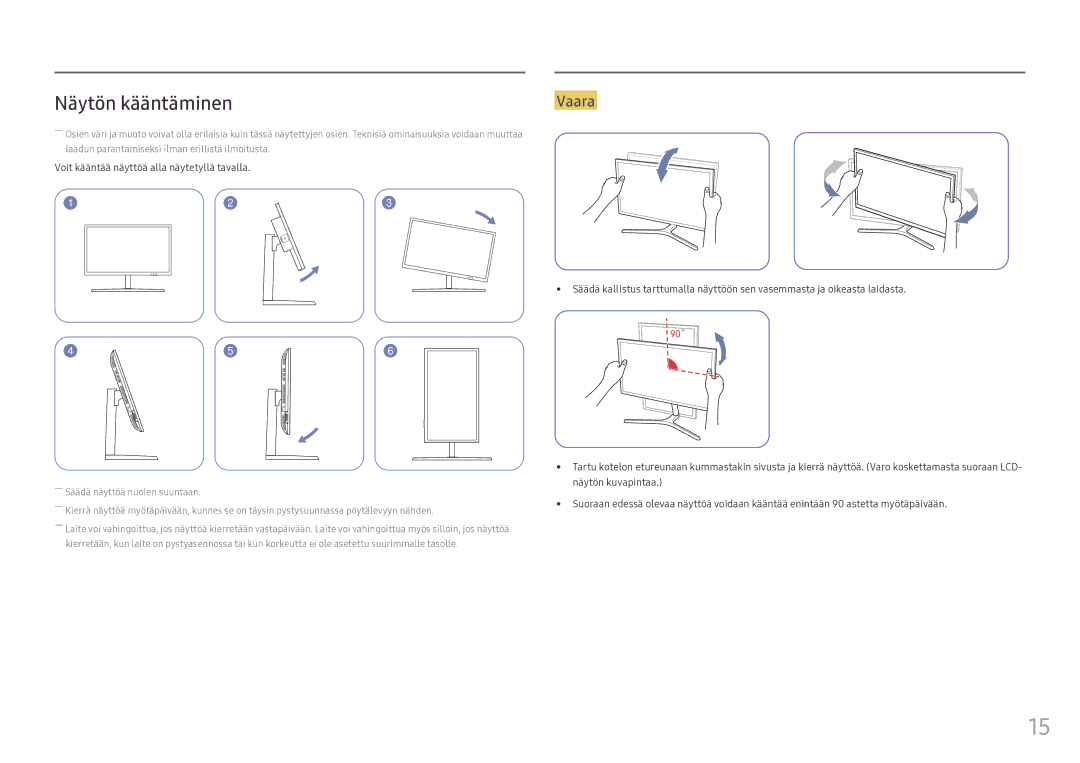 Samsung LS25HG50FQUXEN manual Näytön kääntäminen, Voit kääntää näyttöä alla näytetyllä tavalla 