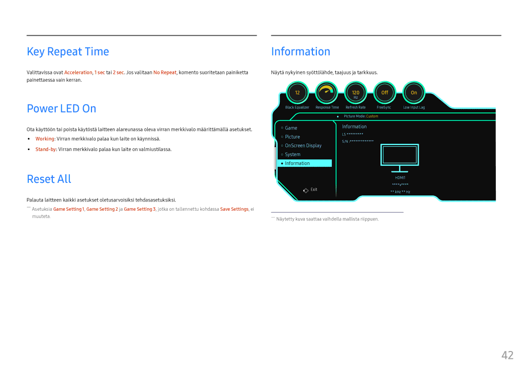 Samsung LS25HG50FQUXEN manual Key Repeat Time, Power LED On, Reset All, Information 
