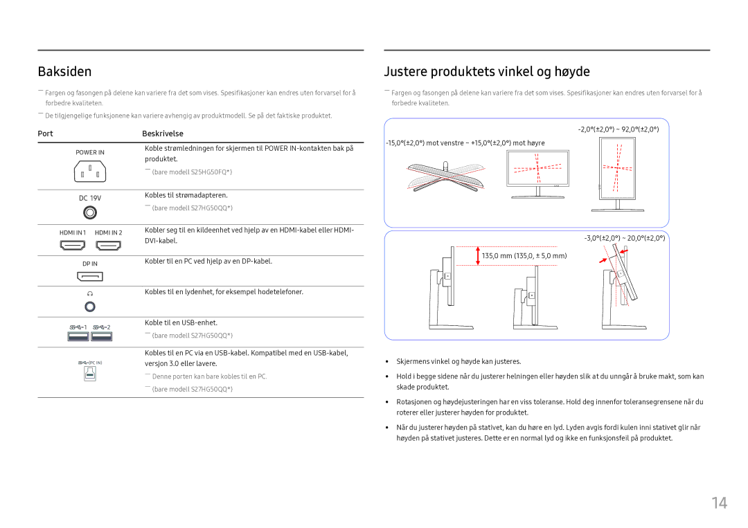 Samsung LS25HG50FQUXEN manual Baksiden, Justere produktets vinkel og høyde, Kobles til strømadapteren 