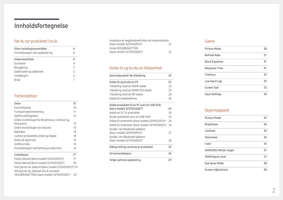 Samsung LS25HG50FQUXEN manual Innholdsfortegnelse 