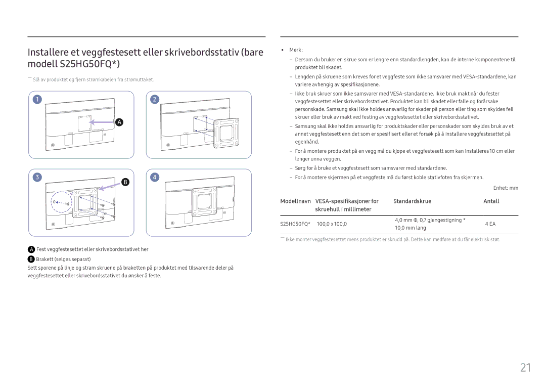 Samsung LS25HG50FQUXEN manual ――Slå av produktet og fjern strømkabelen fra strømuttaket 