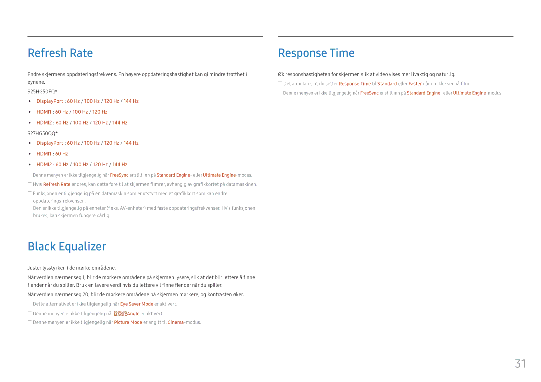 Samsung LS25HG50FQUXEN manual Refresh Rate, Black Equalizer, Response Time 