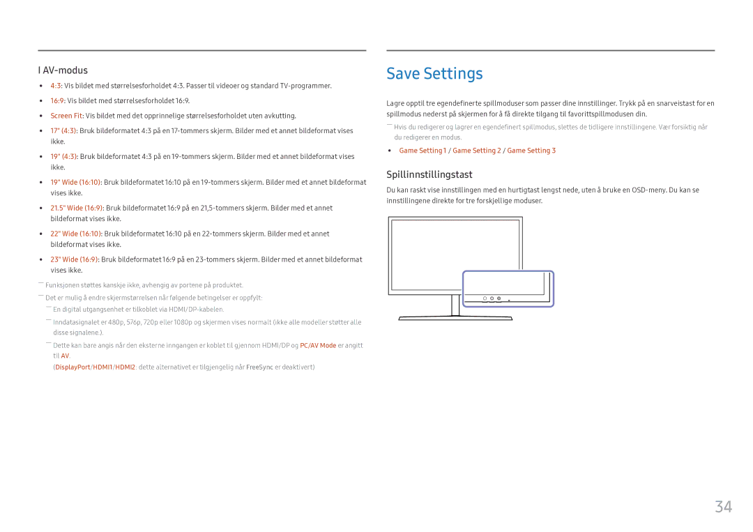 Samsung LS25HG50FQUXEN manual Save Settings, Spillinnstillingstast 