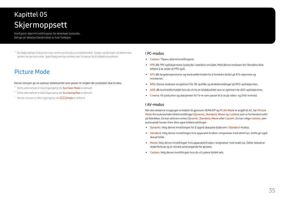 Samsung LS25HG50FQUXEN manual Skjermoppsett, Picture Mode 