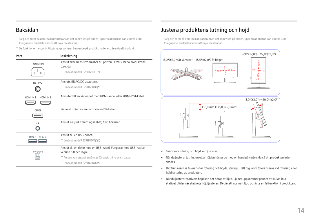 Samsung LS25HG50FQUXEN manual Baksidan, Justera produktens lutning och höjd 