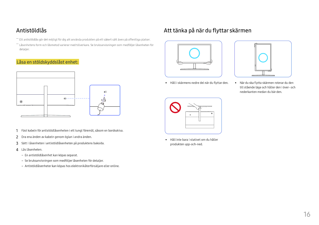 Samsung LS25HG50FQUXEN manual Antistöldlås, Att tänka på när du flyttar skärmen, Nederkanten medan du bär den 