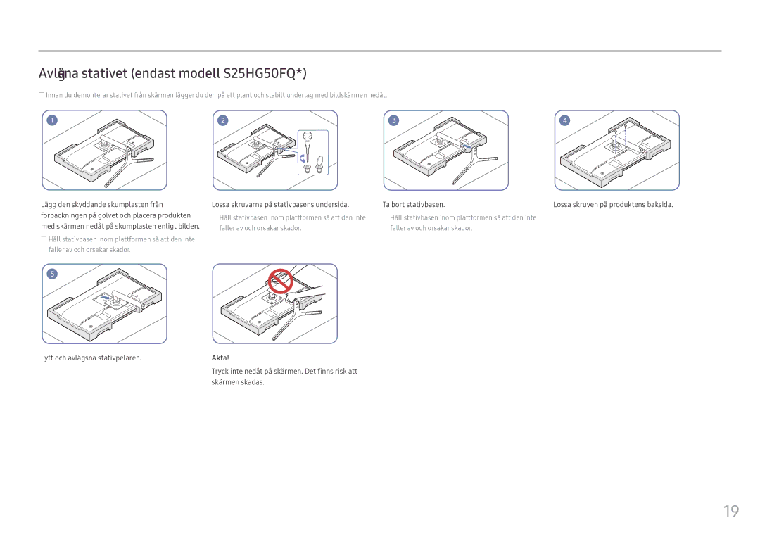 Samsung LS25HG50FQUXEN manual Avlägsna stativet endast modell S25HG50FQ, Lyft och avlägsna stativpelaren, Skärmen skadas 