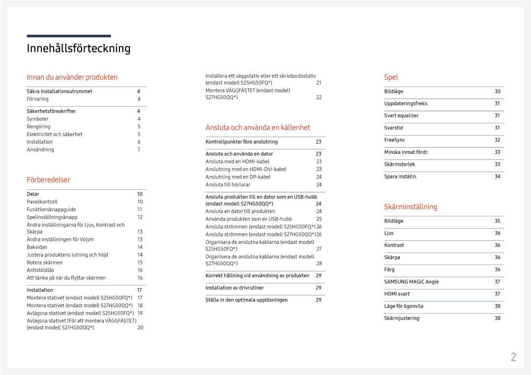 Samsung LS25HG50FQUXEN manual Innehållsförteckning 