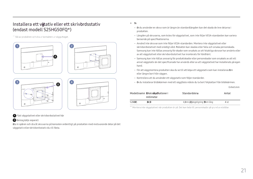 Samsung LS25HG50FQUXEN manual Enhet mm, S25HG50FQ* 100,0 x 100,0 