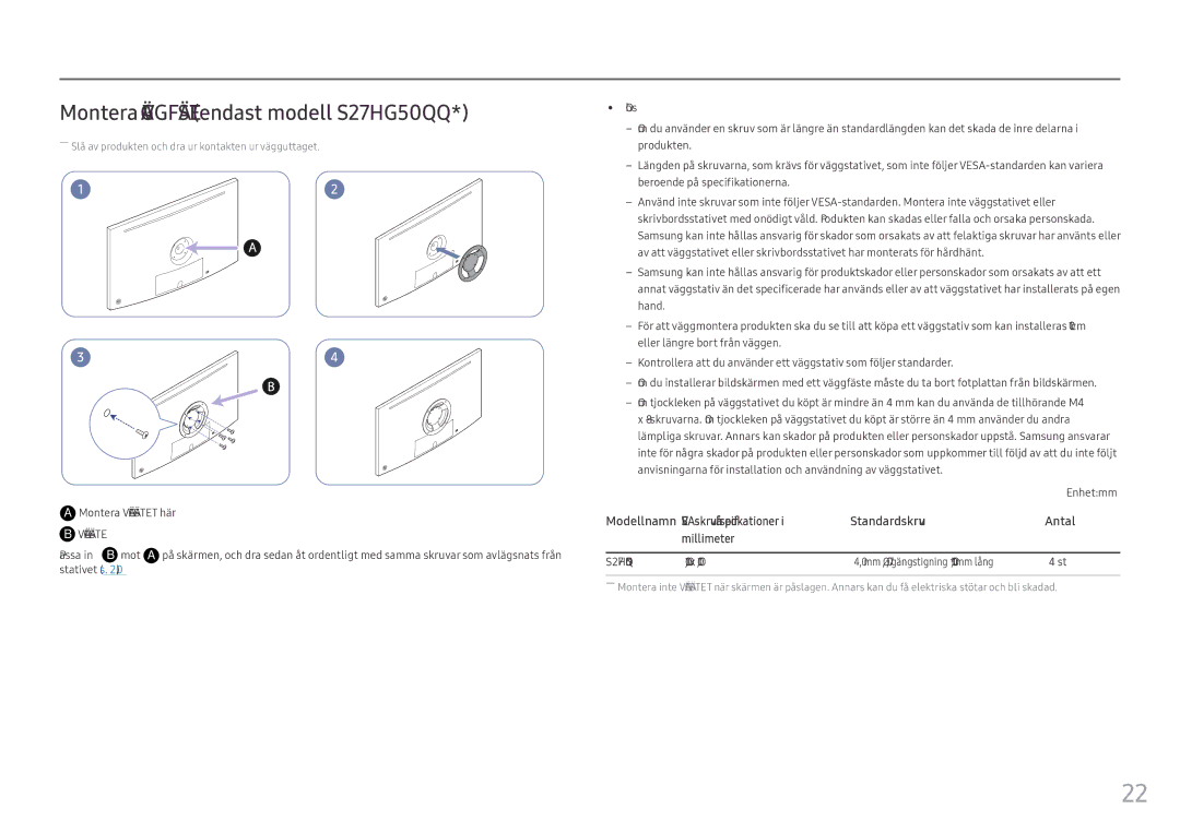 Samsung LS25HG50FQUXEN manual Montera Väggfästet endast modell S27HG50QQ, Passa in B mot, S27HG50QQ* 100,0 x 100,0 