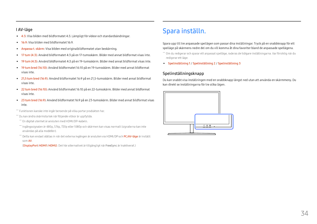 Samsung LS25HG50FQUXEN manual Spara inställn, Spelinställningsknapp 