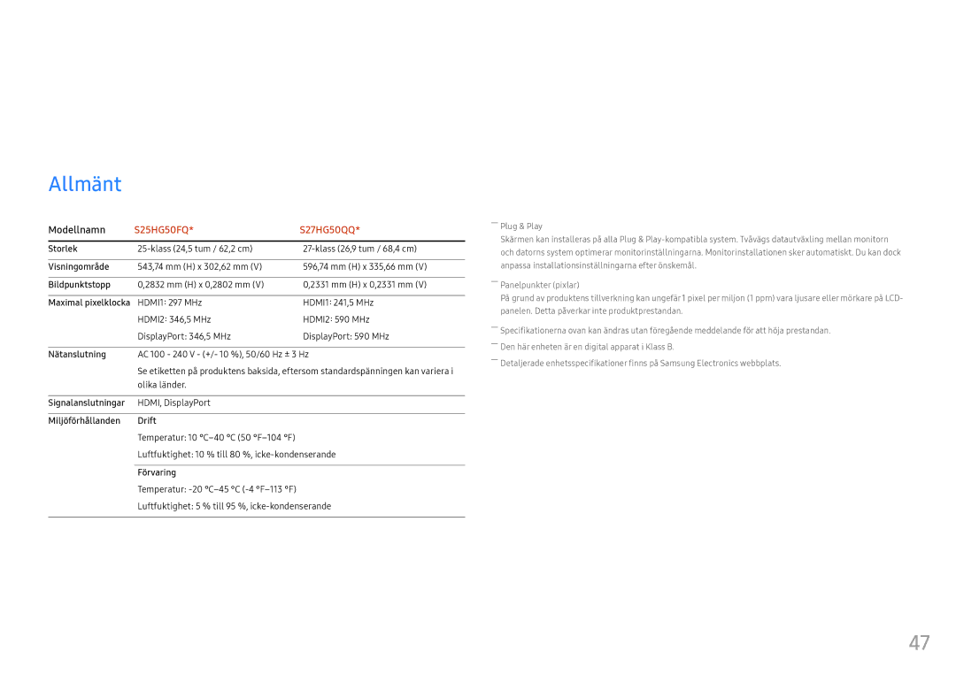 Samsung LS25HG50FQUXEN manual Specifikationer, Allmänt 