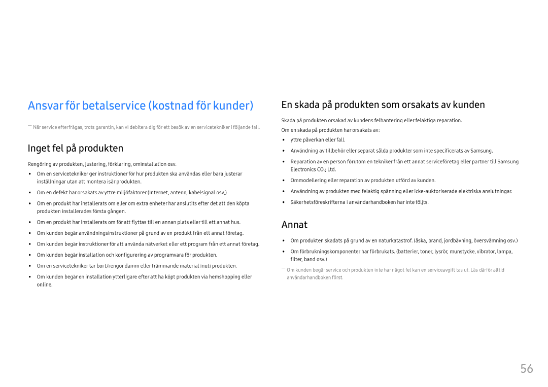 Samsung LS25HG50FQUXEN manual Appendix, Ansvar för betalservice kostnad för kunder, Inget fel på produkten, Annat 