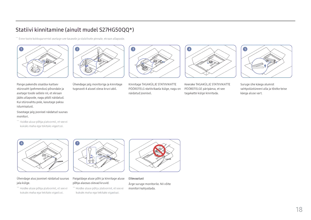 Samsung LS25HG50FQUXEN manual Statiivi kinnitamine ainult mudel S27HG50QQ, Jala külge Põhja alaosas olevad kruvid 