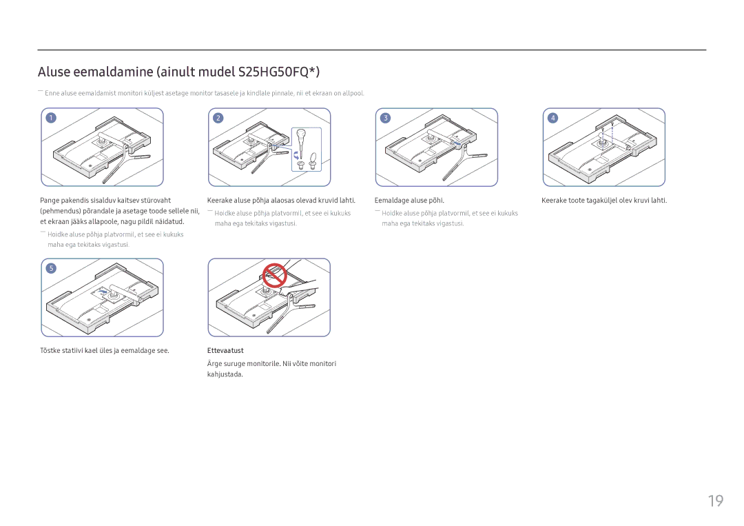 Samsung LS25HG50FQUXEN manual Aluse eemaldamine ainult mudel S25HG50FQ, Tõstke statiivi kael üles ja eemaldage see 