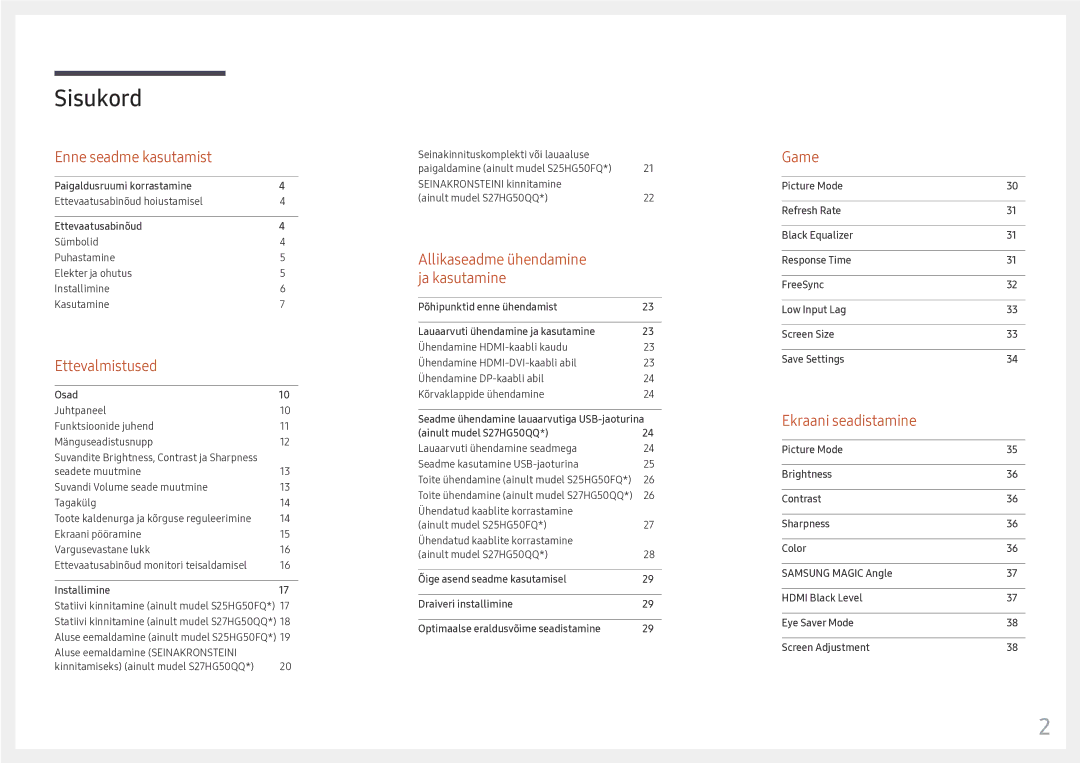 Samsung LS25HG50FQUXEN manual Sisukord 