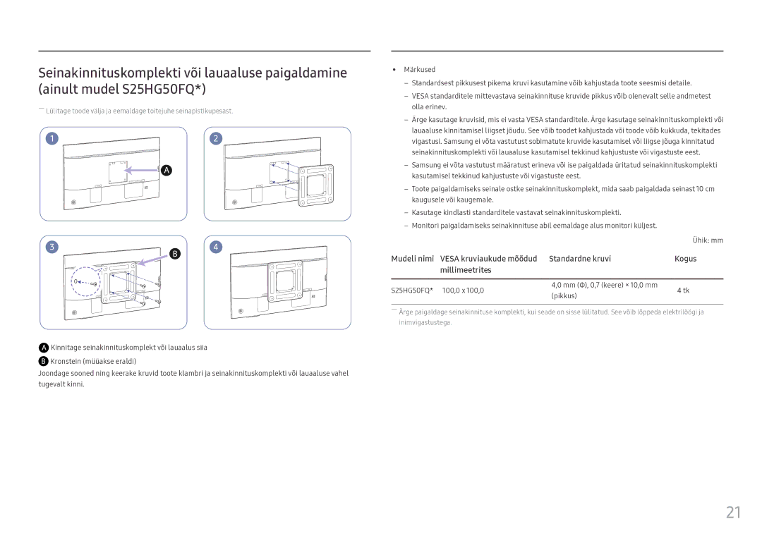 Samsung LS25HG50FQUXEN manual Kinnitage seinakinnituskomplekt või lauaalus siia 