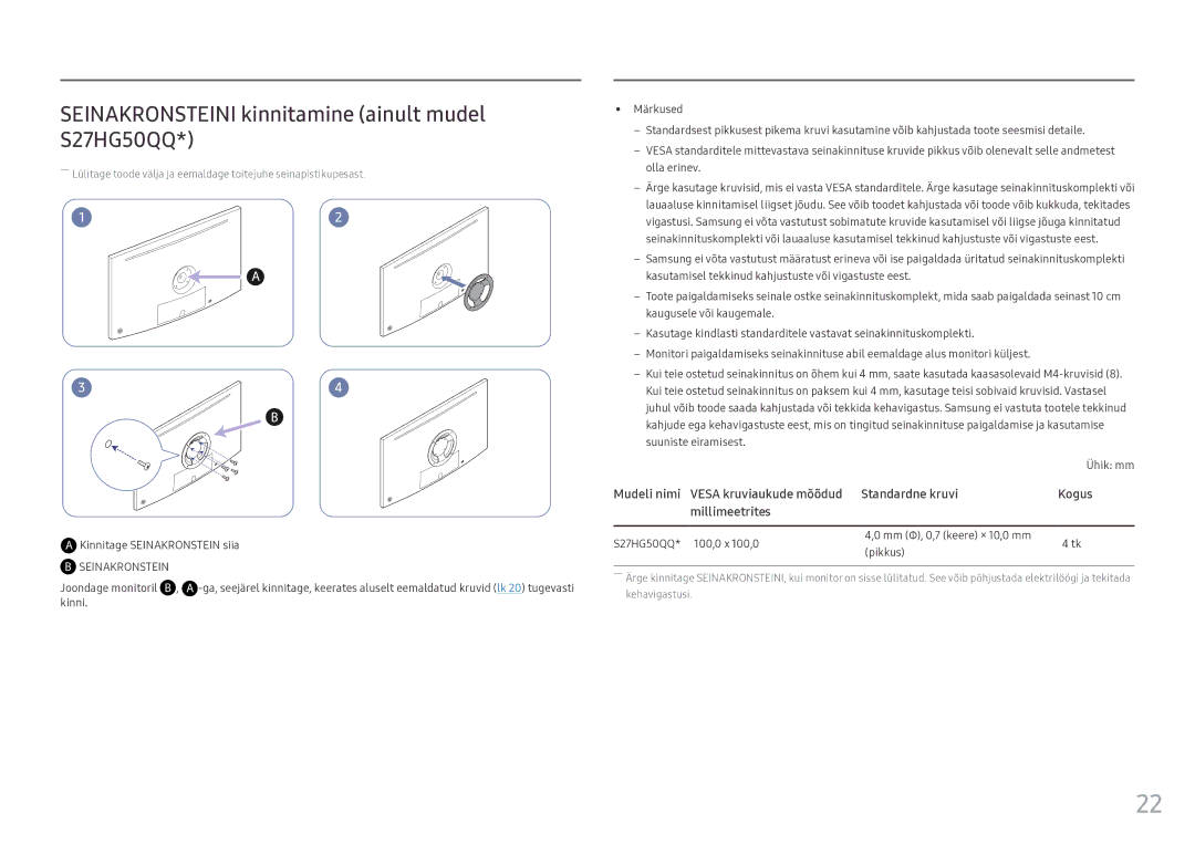 Samsung LS25HG50FQUXEN manual Seinakronsteini kinnitamine ainult mudel S27HG50QQ, Joondage monitoril B 