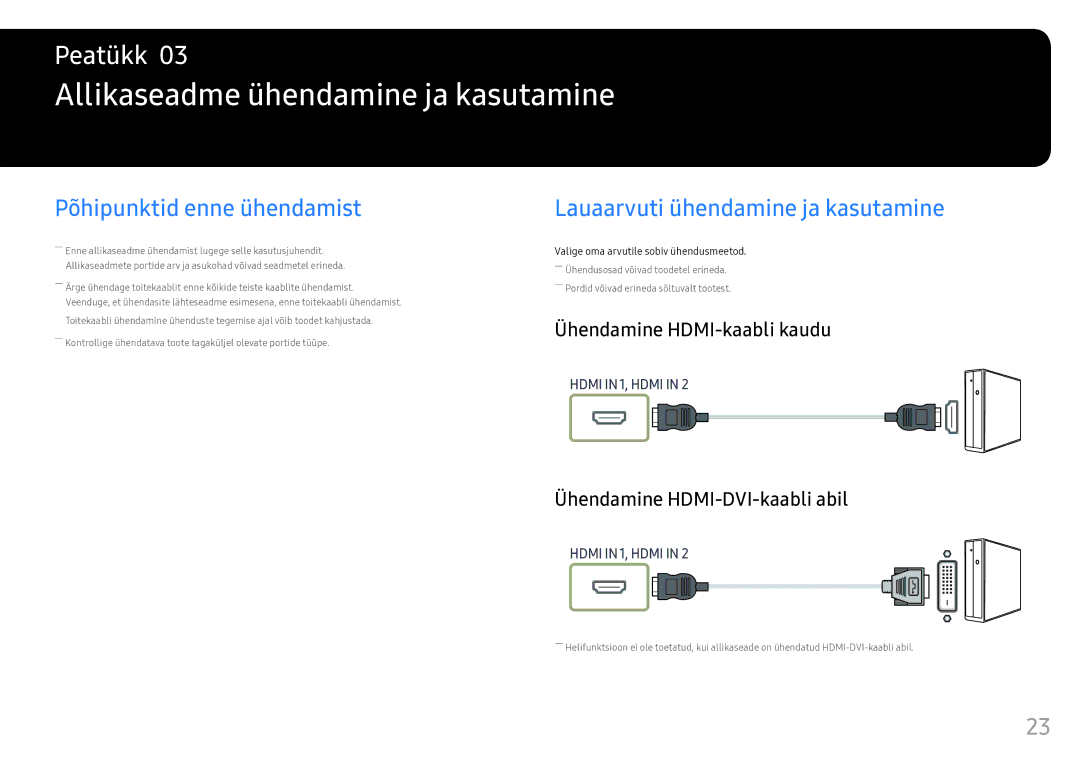 Samsung LS25HG50FQUXEN Allikaseadme ühendamine ja kasutamine, Põhipunktid enne ühendamist, Ühendamine HDMI-kaabli kaudu 