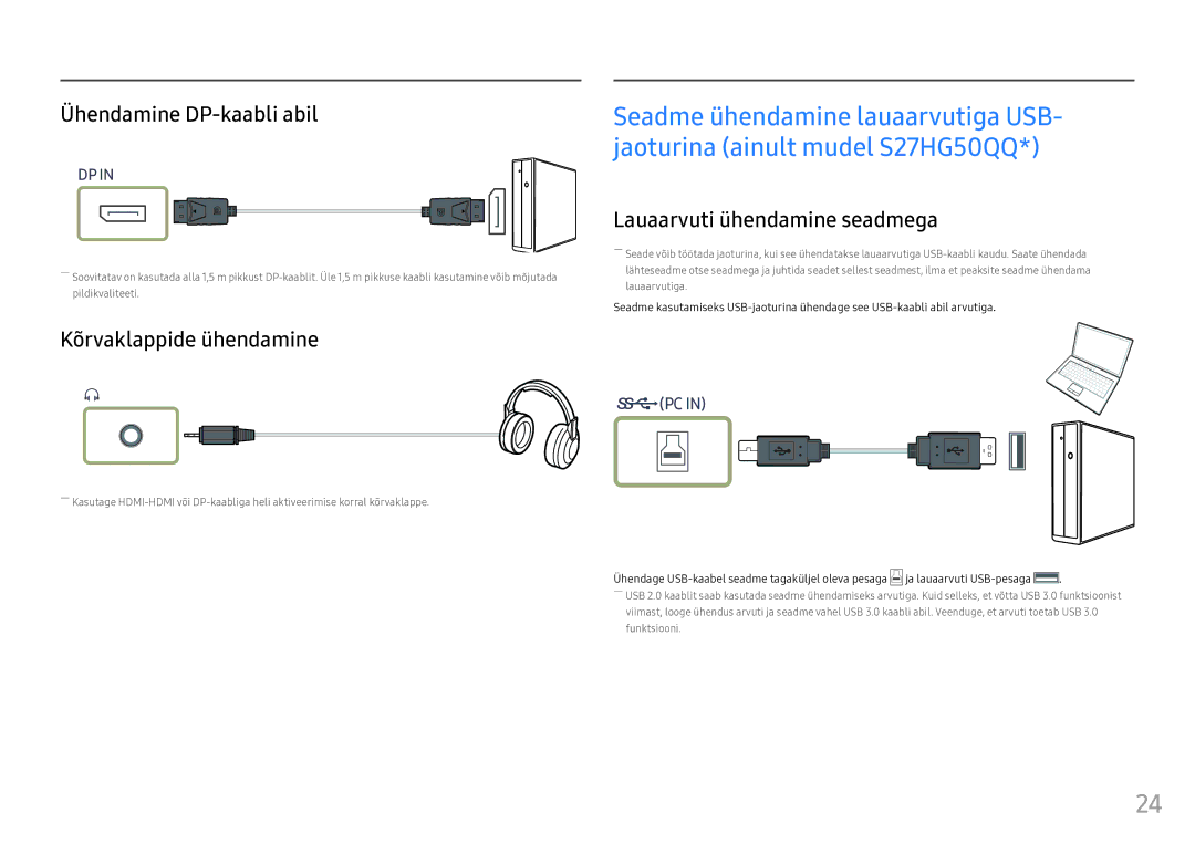 Samsung LS25HG50FQUXEN manual Ühendamine DP-kaabli abil, Kõrvaklappide ühendamine, Lauaarvuti ühendamine seadmega 