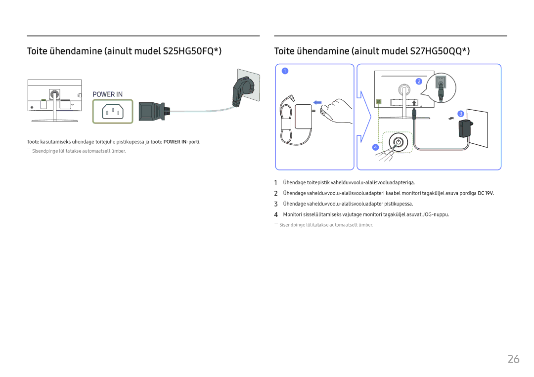 Samsung LS25HG50FQUXEN manual Toite ühendamine ainult mudel S25HG50FQ, Toite ühendamine ainult mudel S27HG50QQ 